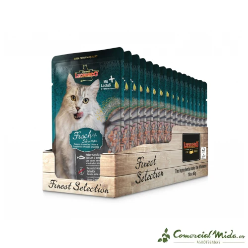 LEONARDO Menu de Pescado & Gambas Alimento para Gatos Adultos Pack 16x85 gr