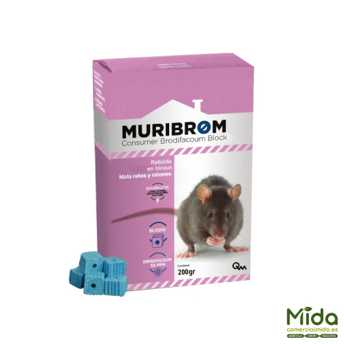 Raticida MURIBROM CEBO BLOQUE, mata ratas y ratones (Brodifacoum)